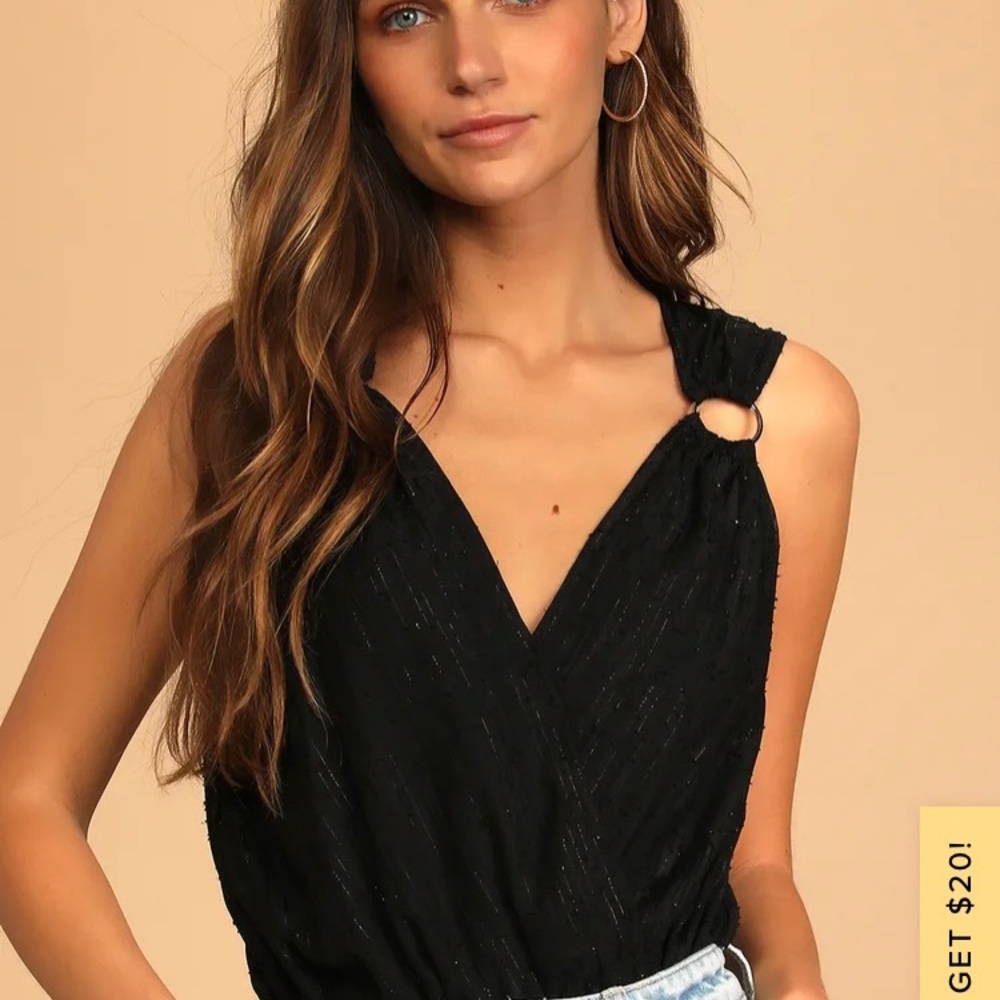 Lulu’s Black Sparkly Surplice Bodysuit